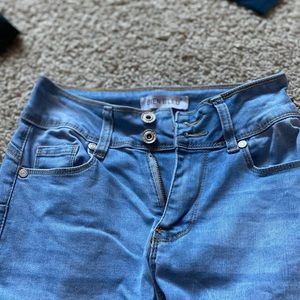 Blue Jeans. Very stretchy and comfortable. The way it fits compliments your body